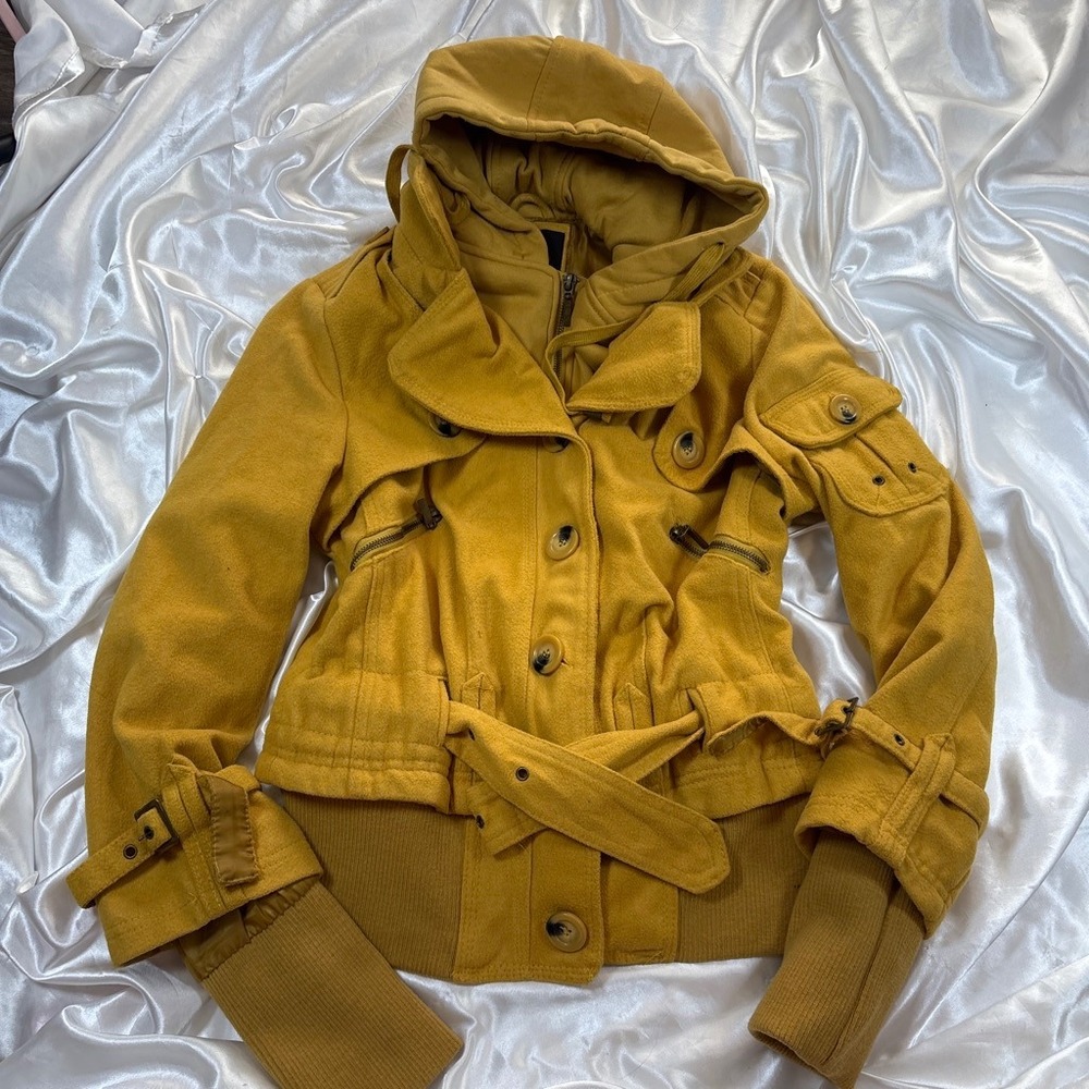 y2k Yoki Bomber Jacket Yellow Excellent Hooded Belted Utility Wool Blend L - Picture 2 of 7